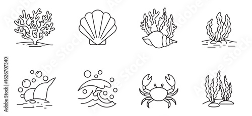 Collection of simple line art illustrations depicting various marine life and ocean elements