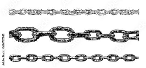 Distressed metal chain links with stippled grain texture in black monochrome. Retro photocopy style grunge vector illustration isolated on transparent background, vintage chain collage