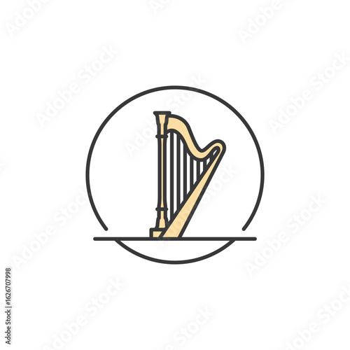 Elegant harp icon with curved frame and vertical strings, perfect for classical music sites, orchestral branding, instrumental learning apps, or Celtic sound design themes