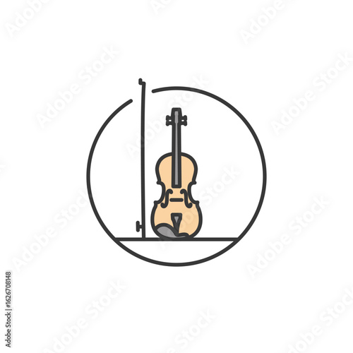 Classic acoustic violin icon with bow, showcasing elegant curves and scroll, perfect for chamber music, orchestral tools, string lesson platforms, or traditional sound branding
