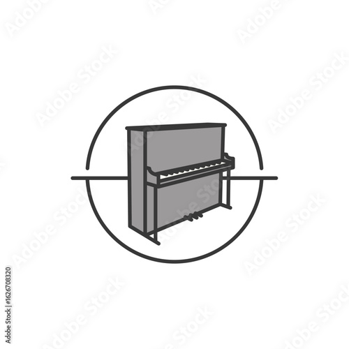 A clean-lined upright piano symbol framed in a stylized circle, representing classical melody, harmonious design, and musical sophistication for high-engagement visual branding