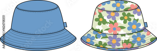 Bucket hat fashion flat sketch, reversible hat with floral print, technical drawing, vector design, stylish summer accessory illustration