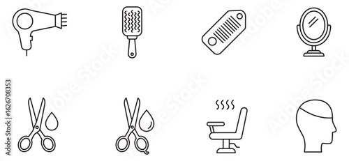 Minimalist line art illustrations depicting various hair styling salon equipment and tools