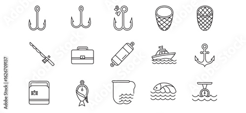 Minimalist vector illustrations depicting fishing equipment and coastal recreation elements