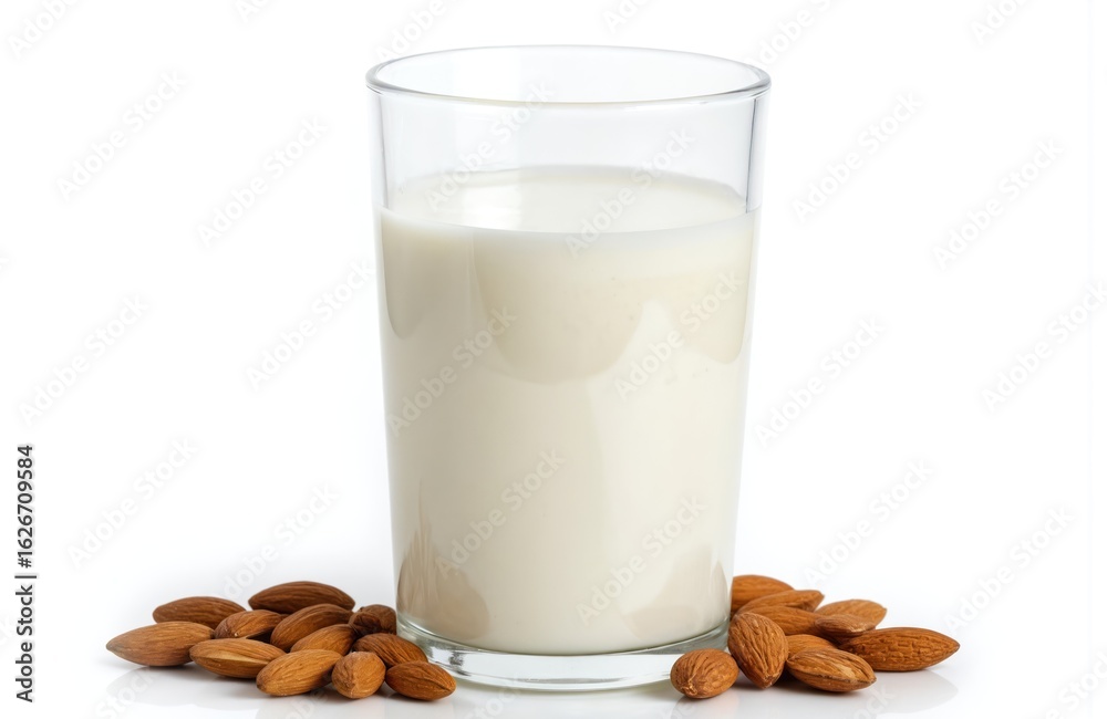 Glass of creamy almond milk with whole almonds beside it, showcasing a smooth liquid texture. This healthy beverage is isolated on a clean, transparent background, perfect for food and drink concepts. Glass of creamy almond milk with whole almonds beside it, showcasing a smooth liquid texture. This healthy beverage is isolated on a clean, transparent background, perfect for food and drink concepts.