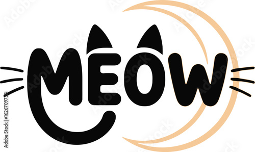 Meow Text Vector Graphic with Cat Silhouette and Moon Design