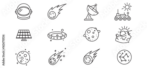 Simple black and white space exploration and astronomical icon set on white background