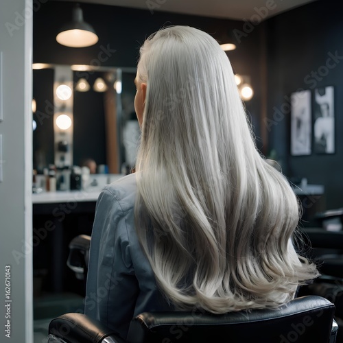 Long healthy silver colored hair - The model sits in a hairdressing chair facing back.	