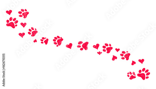 Love symbol with dog paw print and hearts, cat foot trail vector illustration for Valentine’s Day. Cute puppy and pet print design, romantic animal background, colourful greeting card