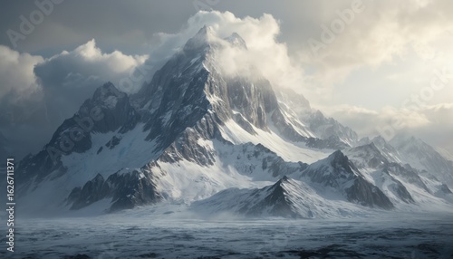 Wallpaper Mural Majestic snow-capped mountain range with misty peaks shrouded in dramatic clouds. Jagged rocky slopes reveal glaciers, ice formations under dramatic sky. Rugged wilderness landscape evokes winter Torontodigital.ca