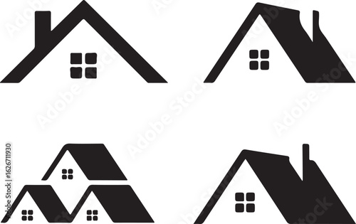 Collection of four black house roof icons with windows