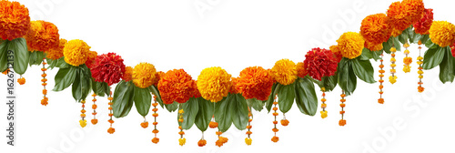 Vibrant indian marigold flower garland decoration isolated on transparent background
