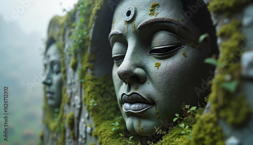 A serene, moss-covered stone sculpture in mystical muted colors, representing Ancient Wisdom