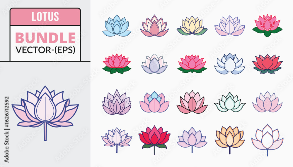 Fototapeta premium Lotus flower icon bundle in line art silhouette and color style