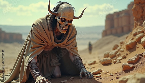 Dynamic Skeletal Figure Adorned with Horns Creeping in a Sunny Desert