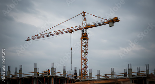 A large yellow tower crane operating on a building construction site under an overcast sky