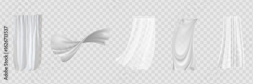 Set of realistic fluttering white cloths, soft lightweight clear material isolated on transparent background vector illustration