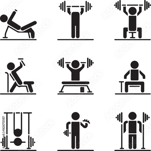 Fitness workout icons with barbells and dumbbells exercise