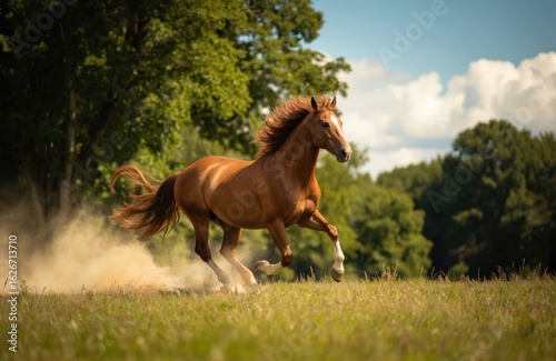 Majestic brown horse with flowing mane runs freely across grassy field kicking up dust. Sunlight illuminates powerful equine in natural landscape, embodying freedom, wild spirit. Rich trees, blue sky