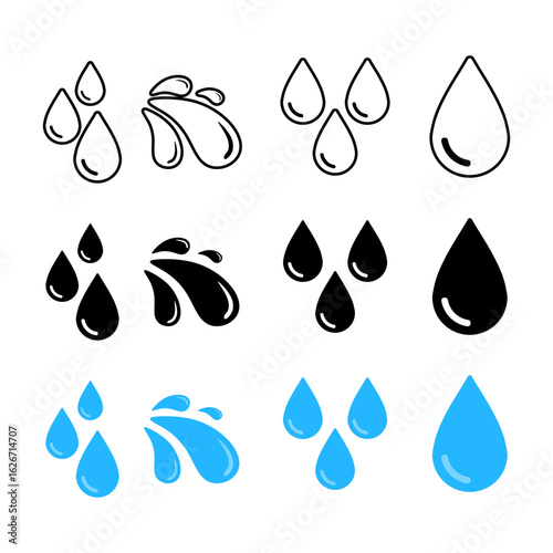 Water Drop Icon Set ,Outline, Solid, and Color Styles on transparent background