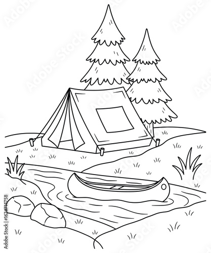 Camping Scene with Tent by River and Canoe Surrounded by Pine Trees in Nature Perfect for Coloring Books and Outdoor Adventure-Themed Art