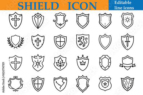 Collection of various shield icons and emblems, isolated on white background, representing heraldry, protection, and security with editable line art