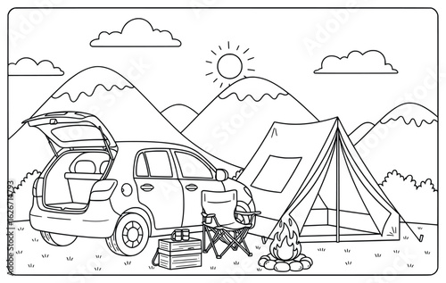 Camping Scene with Car, Tent, Campfire, and Chair in Mountain Landscape Under Sunny Sky Perfect for Coloring Pages and Outdoor Travel-Themed Art