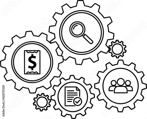 Vector art of gears with business icons representing teamwork, finance, document management, search, and collaboration in a simple line art style