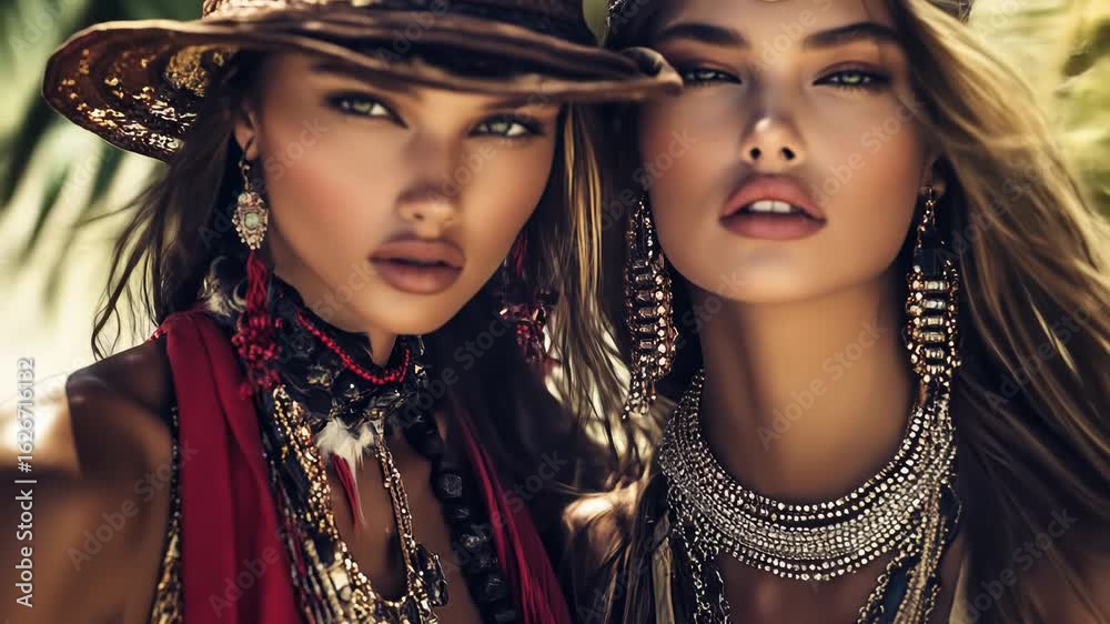 Two stylish models showcasing bohemian fashion and vibrant jewelry.