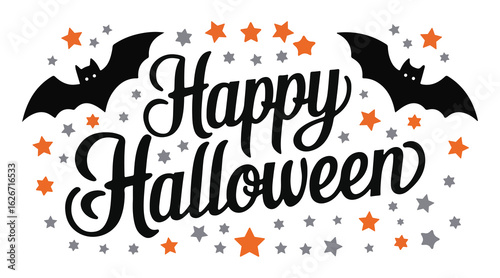 happy halloween text with orange and gray stars bats with white eyes spooky decorative festive design for seasonal greeting or celebration