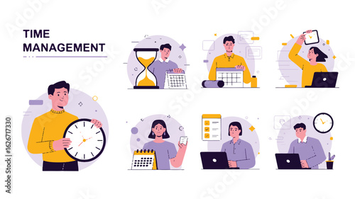 A flat design illustration set showing time management concepts in a light purple and yellow color scheme. 