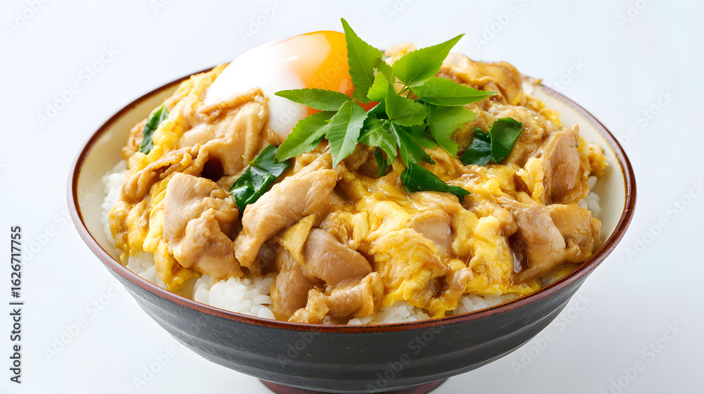 Delicious Oyakodon Bowl with Chicken, Egg, and Vegetables in Photorealistic Style, Traditional Japanese Cuisine Delicious Oyakodon Bowl with Chicken, Egg, and Vegetables in Photorealistic Style, Traditional Japanese Cuisine