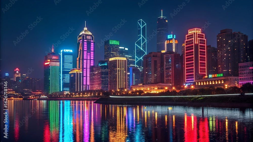 Fototapeta premium Vibrant Neon City Skyline at Night with Water Reflection.