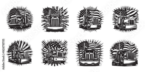 Eight Black And White Illustrations Of Semi Trucks With American Flags And Sunbursts tractor trailer