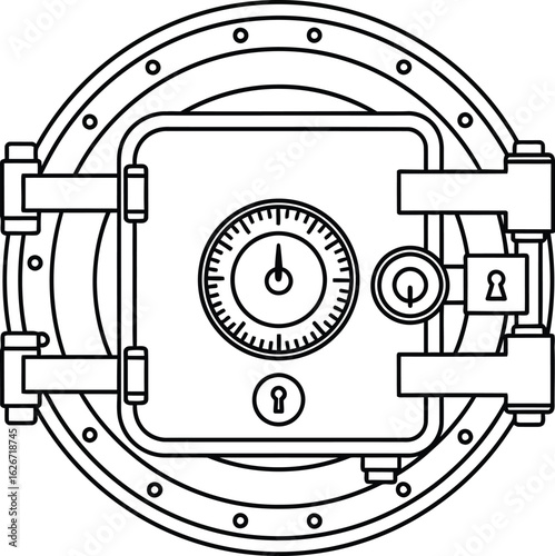 Vector art of bank vault safe door concept showing a secure metal door with a combination lock, representing finance and wealth protection