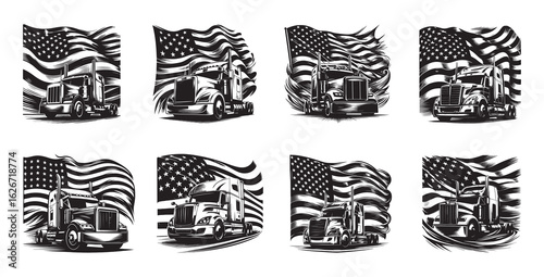 Eight Black And White Illustrations Of Semi Trucks With Waving American Flags tractor trailer lorry