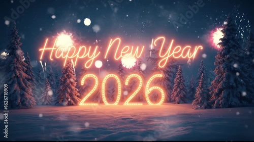 Happy New Year 2026 Greeting Card with Snowy Forest and Glowing Text