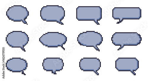 Set of Pixel Art Speech Bubbles in Various Shapes and Styles