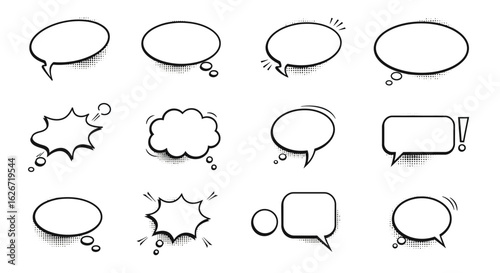 Comic Speech Bubbles: A Collection of Black and White Halftone Vector Icons