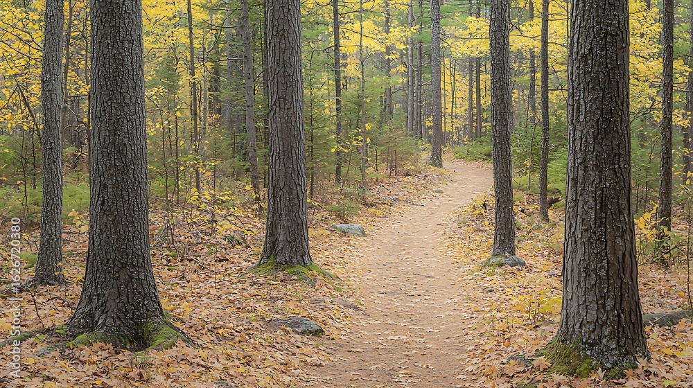 Fototapeta premium 218. Peaceful forest trail covered with autumn leaves under golden sunlight filtering through trees