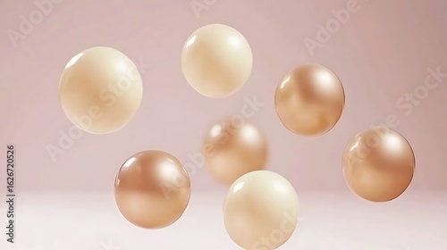 1. Flat white background with floating soft 3D spheres for minimal style, showing several semi-translucent spheres gently hovering with soft shadows and smooth reflections