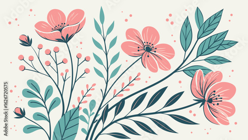 Vibrant watercolor floral pattern with red green and blue hues