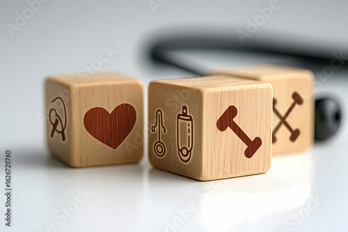 Wooden wellness cubes featuring heart and fitness icons for a healthy lifestyle and medical checkup concept