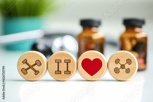 Wooden fitness and heart icons on medical background showing health wellness connection between exercise and cardiology