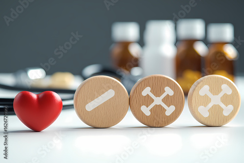 Heart Health and Wellness Concept Featuring Wooden Icons of Exercise and Medication for Holistic Medical Care and Fitness Promotion