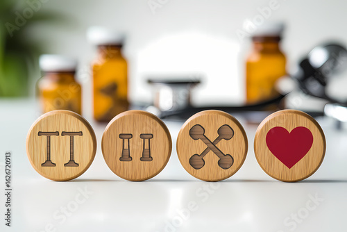 Wooden Tokens with Symbols Representing Medical Testing and Heart Health Concepts on a Laboratory Desk Background