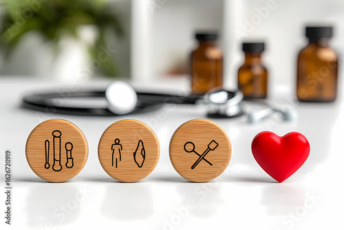 Wooden Medical Icons and Red Heart Symbol on a Clinical Desk with Stethoscope and Brown Medicine Bottles for Healthcare Concepts