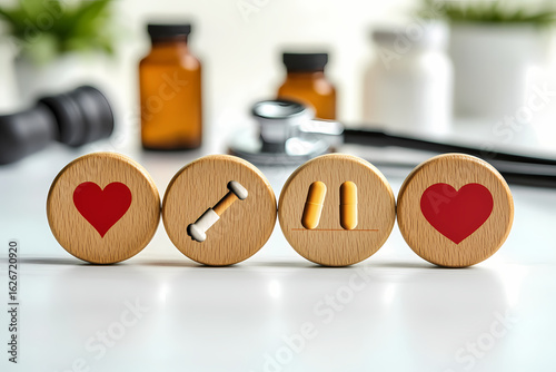 Wooden Circles Displaying Heart Symbols and Medical Medication Icons for Healthcare and Pharmaceutical Concept
