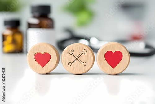 Symbolic representation of heart health and access to medical solutions, featuring wooden discs with red hearts and crossed keys, set against a background of healthcare essentials