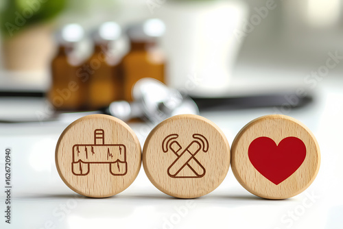 Wooden blocks with quit smoking icons and red heart representing healthy lifestyle with medical stethoscope in background